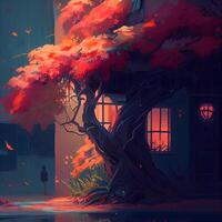 astratto pittura di albero nel davanti di vecchio Casa a notte, digitale illustrazione, ai generativo Immagine foto