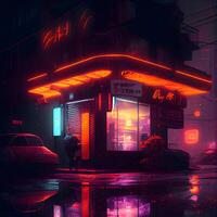 illustrazione di un' strada bar a notte con neon luci e riflessi, ai generativo Immagine foto