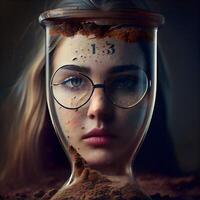 vicino su ritratto di un' ragazza nel un' bicchiere vaso con caffè., ai generativo Immagine foto