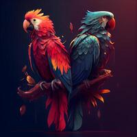Due pappagalli seduta su un' ramo. illustrazione su un' buio sfondo., ai generativo Immagine foto