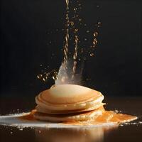 Pancakes con miele e frutti di bosco su un' di legno tavolo. sfocato sfondo., ai generativo Immagine foto