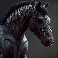 nero cavallo con d'oro modelli su il criniera. 3d rendering, ai generativo Immagine foto