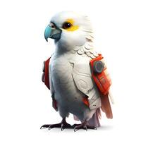 3d interpretazione di un' bianca pappagallo con un' telecamera isolato su bianca sfondo, ai generativo Immagine foto