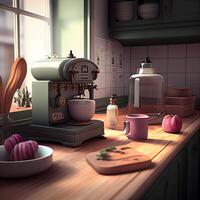 cucina interno design con frigorifero e caffè tazza. 3d rendere, ai generativo Immagine foto