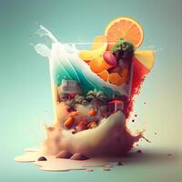 frutta cocktail con spruzzi di succo e frutta su blu sfondo, ai generativo Immagine foto