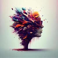 astratto umano testa con colorato dipingere schizzi. 3d illustrazione., ai generativo Immagine foto