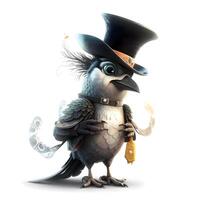 3d interpretazione di un' corvo indossare un' cappello e Tenere un' Magia bacchetta, ai generativo Immagine foto