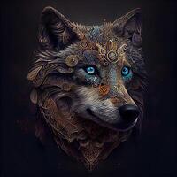 stilizzato ritratto di un' lupo con ornamentale modello su il viso., ai generativo Immagine foto
