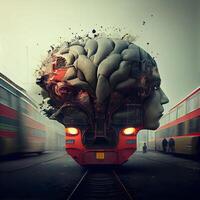 cervello nel il treno. 3d illustrazione. concettuale Immagine., ai generativo Immagine foto