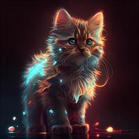 carino gattino con luminosa luci su un' nero sfondo. digitale pittura., ai generativo Immagine foto