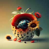 Pasqua uovo con fiori e coccinella. 3d illustrazione., ai generativo Immagine foto