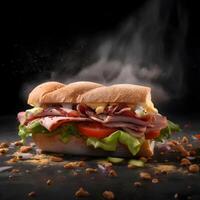 Sandwich con prosciutto, formaggio e lattuga su un' nero sfondo., ai generativo Immagine foto