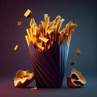 francese patatine fritte nel carta scatola su buio sfondo. 3d illustrazione., ai generativo Immagine foto