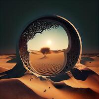 il giro specchio nel il deserto con sabbia dune e tramonto. 3d rendering, ai generativo Immagine foto