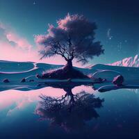 notte paesaggio con solitario albero e riflessione nel acqua, 3d illustrazione, ai generativo Immagine foto