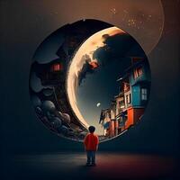 ragazzo nel rosso cappotto guardare a il Luna nel il notte cielo. foto