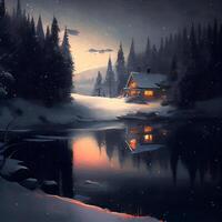 bellissimo inverno paesaggio con un' di legno Casa su il lago. digitale la pittura. foto