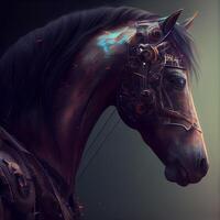 cavallo testa con metallo ingranaggi su un' buio sfondo. 3d interpretazione foto