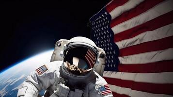astronauta su lunare Luna atterraggio missione. elementi di Questo Immagine arredato di nasa.. creato con generativo ai foto