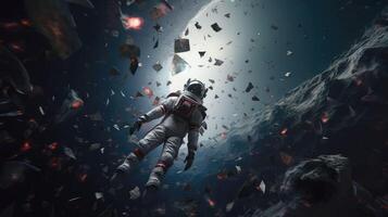 3d realistico, un astronauta nel un' tuta spaziale mosche nel spazio contro il sfondo di il pianeta.. creato con generativo ai foto
