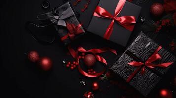 christmass tmass regalo nel rosso carta isolato a nero sfondo..creato con generativo ai foto