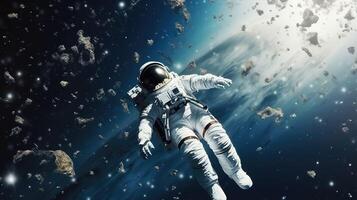 3d realistico, un astronauta nel un' tuta spaziale mosche nel spazio contro il sfondo di il pianeta.. creato con generativo ai foto