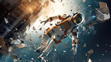 3d realistico, un astronauta nel un' tuta spaziale mosche nel spazio contro il sfondo di il pianeta.. creato con generativo ai foto