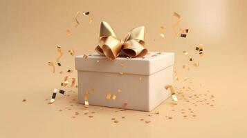 regalo scatola con d'oro nastro su un' beige sfondo. festivo decorazione di un' regalo, sorpresa..creato con generativo ai foto