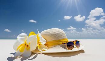 ai generativo. ai generato. macro foto tiro di realistico cappello con occhiali da sole. spiaggia avventura Paradiso tropicale rilassare vacanza vibrazione. grafico arte