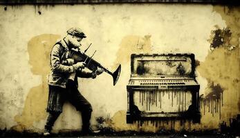 ai generato. ai generativo. strada astratto graffiti arte modello. musica ritmo artista. ispirato mio Banksy strada arte. grafico arte foto