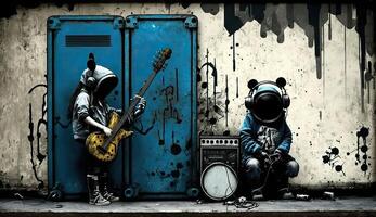 ai generato. ai generativo. strada astratto graffiti arte modello. musica ritmo artista. ispirato mio Banksy strada arte. grafico arte foto