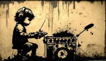 ai generato. ai generativo. strada astratto graffiti arte modello. musica ritmo artista. ispirato mio Banksy strada arte. grafico arte foto