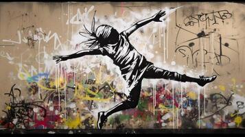 ai generato. ai generativo. strada arte graffiti di danza persona musica ritmo. ispirato di Banksy metropolitana cultura. grafico arte foto