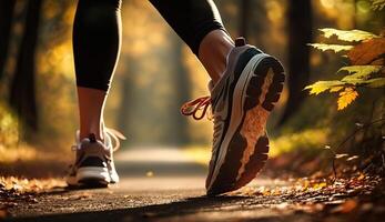 ai generativo. ai generato. foto tiro realistico di in esecuzione jogging a piedi persona nel il urbano città parco. all'aperto avventura sport vibrazione. grafico arte