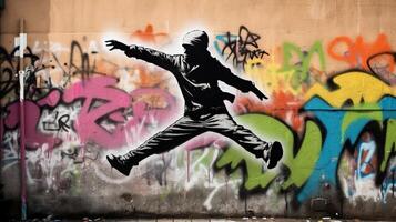 ai generato. ai generativo. strada arte graffiti di danza persona musica ritmo. ispirato di Banksy metropolitana cultura. grafico arte foto