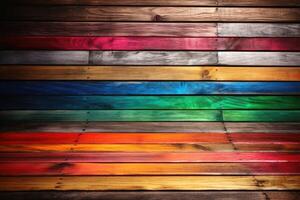 di legno tavole nel arcobaleno colori sfondo struttura creato con generativo ai tecnologia. foto