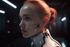 futuristico femmina androide con cybord tecnologia creato con generativo ai tecnologia. foto