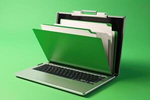 file cartella su il computer portatile schermo con un' verde sfondo creato con generativo ai tecnologia. foto
