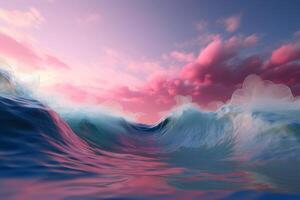 blu acqua onda con rosa nuvole nel pastello colori sfondo creato con generativo ai tecnologia. foto