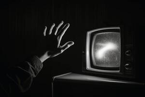 un' mano raggiungendo su a un vecchio televisione creato con generativo ai tecnologia. foto