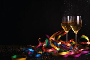 Champagne bicchieri e colorato filanti e luccichio coriandoli su un' contento nuovo anno sfondo creato con generativo ai tecnologia. foto