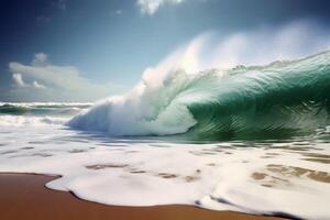 un' gigante tsunami onda in arrivo a un' tropicale spiaggia creato con generativo ai tecnologia. foto