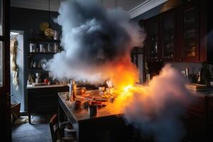 Fumo e fuoco durante un incidente nel un' cucina creato con generativo ai tecnologia. foto