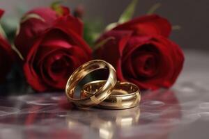 Due nozze anelli fatto di oro su un' leggero superficie con alcuni Rose creato con generativo ai tecnologia. foto