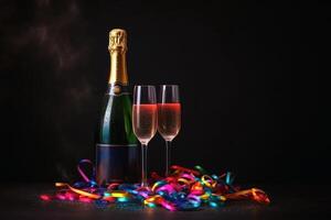 Champagne bicchieri e colorato filanti e luccichio coriandoli su un' contento nuovo anno sfondo creato con generativo ai tecnologia. foto