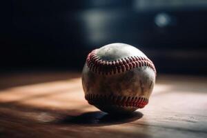 vicino su di un' baseball con un' campo di gioco sfondo creato con generativo ai tecnologia. foto