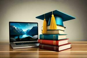 il computer portatile con la laurea cappello e libri. formazione scolastica concetto ai creare foto