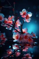 bellissimo spettrale leggero rosso pesca fiorire rami, fiore petali blu leggero scintillante Su, sfondo è blu, generativo ai foto