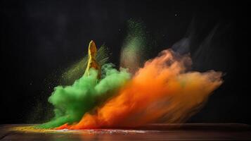 arancia e verde colore polvere spruzzata. concetto per India indipendenza giorno, generativo ai foto
