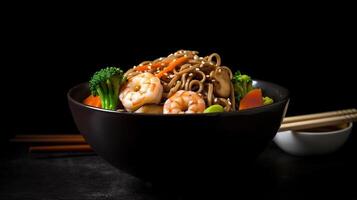 agitare friggere tagliatelle con Manzo e verdura nel nero ciotola. asiatico stile cibo, generativo ai foto